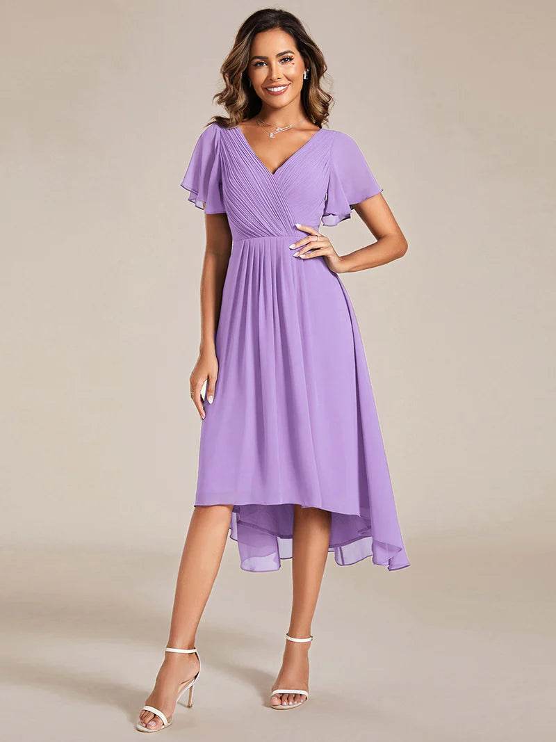 Elegant Pleated Chiffon Wedding Guest Dress with Ruffle Details - Biamonde